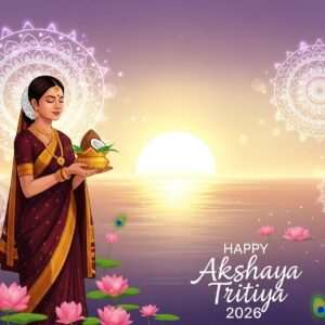 A serene and ethereal scene depicting a traditional Indian setting for Akshaya Tritiya 2026. In the foreground, an elegant Indian woman dressed in a rich maroon and gold saree stands gracefully, holding a golden kalash filled with rice and a coconut. Her eyes are closed, exuding peace and prosperity. Surrounding her are intricate patterns of glowing mandalas and vibrant lotus flowers, symbolizing abundance and new beginnings. Soft pastel lights illuminate the scene, casting a warm, spiritual glow. In the background, a large, golden sun rises over a calm water surface, reflecting soft hues of saffron and peacock blue. The overall atmosphere is tranquil and inviting, capturing the essence of prosperity and celebration.