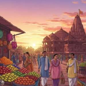 A serene and ethereal scene of Howraghat, capturing the essence of spirituality and hospitality. In the foreground, a traditional Indian marketplace bustling with activity, showcasing vibrant stalls of flowers, fruits, and artisanal crafts. Indian men and women in colorful traditional attire engage warmly with visitors, reflecting a sense of community and welcoming spirit. The background reveals a sacred temple with intricate carvings, bathed in the soft glow of the setting sun, casting golden hues across the scene. The sky is painted with pastel shades of pink and orange, with gentle clouds floating by. The entire image exudes tranquility and harmony, inviting viewers into the spiritual journey that Howraghat offers. The art style combines traditional Indian motifs with a modern digital aesthetic, emphasizing rich colors and detailed patterns.