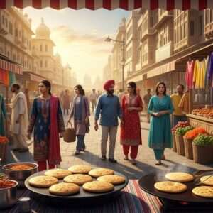 A bustling scene of Heritage Street in Amritsar, 2026, captured in a vibrant, hyperrealistic art style. The street is alive with Indian culture, featuring colorful stalls showcasing traditional Punjabi clothing, shimmering jewelry, and aromatic food stands with delicacies like golden-brown Amritsari kulchas and spicy chole. Indian men and women, dressed in a fusion of traditional and contemporary attire, stroll through the street. The background showcases a blend of historic architecture with modern elements, bathed in a warm, golden glow of the setting sun. Intricate patterns and motifs reminiscent of Indian textiles adorn the scene, adding depth and cultural richness. The overall atmosphere is inviting, bustling with energy, yet carries a serene charm that captures the essence of tradition meeting modernity.