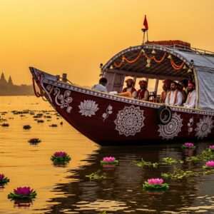 A serene scene on the Hooghly River with a traditional Indian boat adorned with intricate patterns and cultural motifs like lotus flowers and mandalas, sailing under a golden saffron sky at dusk. The boat is illuminated with soft, ethereal lights, casting a gentle glow on the water, reflecting a mix of maroon and peacock blue hues. In the distance, the silhouette of a grand temple can be seen, adding a spiritual touch. The river is calm, with small, stylized lotus flowers floating on the surface. Indian people dressed in traditional attire are seen enjoying the tranquil ride, their expressions reflecting peace and mindfulness. The overall atmosphere is spiritual and surreal, capturing the essence of a sacred journey.