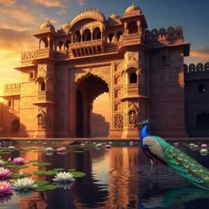 A serene and ethereal depiction of Chittorgarh Fort's grand entrance gate, bathed in the warm, golden light of a setting sun. The intricate details of the traditional Indian architecture are highlighted, showcasing ornate carvings and ancient stonework. In the foreground, a tranquil kund reflects the vibrant hues of the sky, with delicate lotus flowers floating on its surface. A peacock gracefully stands near the water's edge, adding a touch of elegance and life to the scene. The overall atmosphere is one of timeless beauty and cultural richness, inviting viewers to explore the historical wonders of Chittorgarh. The art style is hyperrealistic with a modern digital touch, featuring rich colors like saffron, maroon, and peacock blue, creating a visually captivating and inviting image.