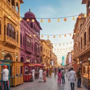 A bustling scene of Amritsar's Heritage Street in 2026, filled with vibrant energy and modern aesthetics. The street is lined with beautifully restored traditional Punjabi architecture, adorned with intricate carvings and rich colors like saffron and maroon. People of diverse backgrounds are enjoying the lively atmosphere, some savoring delicious street food from colorful stalls serving classic Amritsari dishes. Shoppers explore a variety of artisan boutiques offering traditional crafts and modern fashion. The street is decorated with strings of glowing lanterns and digital art installations that blend heritage with innovation. The scene captures a perfect harmony between tradition and modernity, inviting viewers to immerse themselves in the cultural richness of Amritsar.
