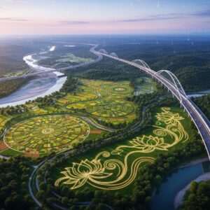 A serene, hyperrealistic aerial view of the Siliguri Corridor, captured in the year 2026. The scene depicts a lush, verdant landscape with winding rivers and dense forests, seamlessly blending with modern infrastructure like sleek highways and high-speed railways. In the foreground, intricate patterns inspired by traditional Indian art subtly weave through the landscape, incorporating motifs of mandalas and lotus flowers, hinting at the cultural significance. The sky is a soft pastel gradient of dawn, with ethereal glowing lights that lend a futuristic yet tranquil atmosphere. The composition is balanced, highlighting both the natural beauty and strategic modernization of the region.