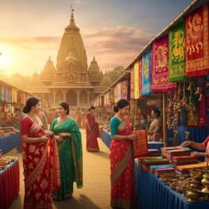A bustling scene of Howraghat's vibrant market, filled with colorful stalls adorned with traditional Assamese textiles, handcrafted goods, and aromatic spices. In the foreground, a group of Indian women in elegant, modern sarees are interacting with a friendly vendor. The backdrop showcases a majestic Assamese temple with intricate carvings, rising elegantly against a serene, glowing sunset. Traditional Assamese motifs and mandalas are subtly incorporated into the scene, while soft golden light casts a warm, inviting glow. The atmosphere is alive with the hum of community life, capturing the essence of cultural richness and everyday harmony. The art style is hyperrealistic with a touch of digital fantasy, ensuring an engaging and modern aesthetic.