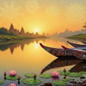 A serene, hyper-realistic scene of the Kanhar River meandering through the lush, green landscapes of India's heartland. The river glistens under a soft, golden sunrise, reflecting the warm hues of the sky. On the riverbank, traditional Indian boats gently float, adorned with intricate patterns inspired by Madhubani and Pattachitra art. In the background, the silhouettes of distant temples and pagodas stand gracefully against a backdrop of softly glowing mandalas in the sky. The foreground features lotus flowers gently bobbing on the river's surface. The overall atmosphere is tranquil and spiritual, capturing the cultural essence and natural beauty of the region.