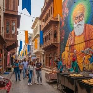 In the bustling heart of Amritsar, capture a vibrant scene of Heritage Street in 2026, bustling with life and culture. The street is lined with beautifully restored traditional Punjabi architecture, each building adorned with intricate carvings and colorful murals. Food stalls offer a tantalizing array of local delicacies like Amritsari kulcha and lassi, their rich aromas filling the air. In the foreground, a group of diverse Indian families and tourists stroll along, their faces lit with curiosity and delight. The street is alive with color—deep saffron, maroon, and peacock blue—reflecting both tradition and modernity. Overhead, strings of glowing lanterns create a warm, inviting atmosphere, while vibrant banners flutter in the gentle breeze. A large mural of Guru Nanak Dev Ji graces one wall, paying homage to the city's spiritual roots. The scene is captured in a hyperrealistic style with a touch of surrealism, emphasizing the harmonious blend of heritage and contemporary charm.