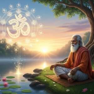 A serene Indian sage meditating by a tranquil riverbank during dawn, enveloped in a soft, ethereal glow. The sage is sitting cross-legged on a lush green grass mat, eyes gently closed, with a peaceful expression. Above the sage, a large, luminous Om symbol hovers in the sky, composed of shimmering golden light. Surrounding the Om, intricate patterns of glowing mandalas and symbols of the Gayatri Mantra are subtly interwoven. The sky is painted with pastel hues of pale pink and soft blue, with gentle rays of the rising sun casting a warm golden light over the scene. In the background, a vast, ancient banyan tree with sprawling roots and delicate lotus flowers floating on the river surface adds to the mystical atmosphere. The image conveys a sense of spiritual depth, harmony, and tranquility, inviting viewers to delve into the profound significance of Dharma.