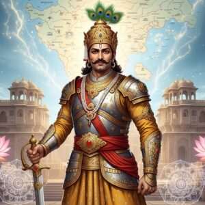 A regal Indian king, embodying both Bappa Rawal and Maharana Pratap, stands proudly in traditional Rajput armor, intricately designed with gold and saffron hues. He is surrounded by a majestic palace backdrop, reminiscent of Mewar's architectural grandeur. The king's expression is one of fierce determination and noble pride, with a finely crafted crown adorned with peacock feathers. In the background, an ethereal glow highlights a historical map of Mewar, with soft pastel colors illuminating the legacy and history. Large, symbolic lotus flowers and mandalas subtly integrate into the design, adding a spiritual dimension to the scene. The art style should be hyperrealistic and digital, combining traditional Indian motifs with modern aesthetics to captivate the viewer instantly.