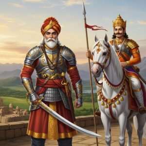 A majestic scene depicting Bappa Rawal and Maharana Pratap, two legendary figures from the Guhila Dynasty. Bappa Rawal stands proudly in traditional Rajput armor, adorned with intricate gold patterns, holding a sword with a peacock blue hilt. Beside him, Maharana Pratap, wearing a golden crown with maroon and saffron accents, rides a regal white horse, his spear held high. The backdrop features a vibrant, digitally rendered landscape of lush green valleys and ancient forts, with the Aravalli mountains in the distance. The sky is a serene blend of soft blues and warm golds, evoking a sense of historical grandeur and spiritual tranquility. The art style is a harmonious fusion of traditional Indian motifs and modern digital aesthetics, emphasizing the valor and resilience of these iconic warriors.