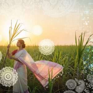 A serene, ethereal scene of a lush sugarcane field bathed in the soft glow of a warm, golden sunrise. In the foreground, an elegantly dressed Indian woman in a flowing, pastel-colored saree is gently holding a vibrant green sugarcane stalk. Her serene expression embodies mindfulness and sustainability. Surrounding her are ethereal, glowing mandalas subtly etched into the atmosphere, symbolizing harmony with nature. The background features a delicate blend of traditional Indian patterns with modern digital aesthetics, creating an intricate tapestry that highlights eco-friendliness and innovation. Soft pastel colors like pale pink and warm gold accentuate the scene, evoking a sense of tranquility and balance.
