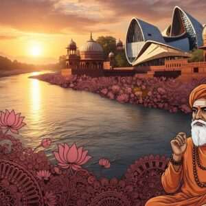 An ethereal scene depicting the Jhelum River flowing majestically through a serene landscape. The water shimmers with a soft, golden glow, reflecting the hues of saffron and maroon skies at sunset. Along the riverbanks, intricate patterns inspired by Madhubani and Pattachitra art form a tapestry of cultural motifs, including lotus flowers and subtle mandalas. In the foreground, an Indian sage in traditional attire gazes thoughtfully at the river, his expression serene and contemplative. The background features ancient Indian architecture with a modern twist, blending heritage with innovation. The overall composition is tranquil and surreal, inviting viewers to delve into the river's rich history and cultural significance.