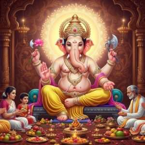 A serene and ethereal depiction of Lord Ganesha, seated gracefully with four hands, holding a lotus flower in the upper left hand, a modak (sweet) in the lower left, an axe in the upper right, and a broken tusk in the lower right. He is adorned with intricate gold jewelry and a crown, surrounded by soft, glowing lights. The backdrop features a rich tapestry of traditional Indian patterns in deep gold and maroon, with a large, glowing mandala behind him. In the foreground, a family of Indian devotees dressed in vibrant sarees and dhotis, with warm expressions, are preparing for the Sthapana Vidhi ceremony. They are surrounded by offerings like fruits and flowers. The scene has a dreamlike quality, with pastel hues of pink, blue, and gold, exuding an aura of devotion, peace, and celebration. The art style is hyperrealistic with a touch of fantasy, capturing the essence of modern digital aesthetics.