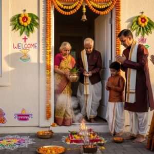 A serene, ethereal scene of an Indian family performing Griha Pravesh, the auspicious housewarming ritual, in front of a beautifully adorned new home.