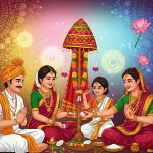 A serene depiction of a traditional Indian family celebrating Gudi Padwa in a vibrant, modern digital art style. The family, dressed in colorful, elegant Maharashtrian attire with intricate gold jewelry, stands around a beautifully adorned 'Gudi' (a decorated pole with a silk saree and a garland) symbolizing prosperity. The background features a digital blend of Madhubani and Pattachitra art elements, with rich hues of saffron, maroon, and peacock blue. Soft pastel-colored light casts a warm, ethereal glow over the scene. Lotus flowers and glowing mandalas are subtly incorporated into the design, adding to the spiritual ambiance. The expressions on their faces reflect joy and reverence as they perform the puja vidhi with cultural items such as coconuts, mango leaves, and rice grains. The image exudes a sense of tradition, new beginnings, and harmonious celebration.