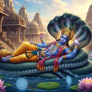 A mesmerizing depiction of Anantashayana Vishnu, the cosmic form of Lord Vishnu reclining on the serpent Ananta, in a serene, celestial setting. Vishnu, with his deep blue skin, four arms, and serene expression, holds a conch and a discus in his upper hands. He is adorned with intricate gold jewelry and a crown. The serpent Ananta coils gracefully beneath him, its many hoods forming a protective canopy. Surrounding this divine scene are ethereal lotus flowers floating on calm waters and glowing mandalas in soft pastel hues. The backdrop blends elements of Deogarh and Bidar architecture, with hints of ancient Indian temples and intricate carvings. The lighting is gentle yet luminous, casting a divine glow over the scene, emphasizing the tranquility and spiritual grandeur of this hidden gem. The overall style is hyperrealistic with a surreal touch, inviting viewers into a world of ancient mystique and modern digital beauty.
