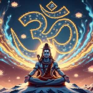 Lord Shiva, the supreme yogi, seated in deep meditation atop a snow-capped Himalayan peak. His serene face is painted with sacred ash, and his third eye glows subtly, emitting a soft light. He is adorned with a crescent moon in his hair and a garland of rudraksha beads around his neck. The backdrop features the cosmic sound 'Om' emanating in vibrant, swirling golden and azure waves that fill the sky with divine energy. Ethereal lotus flowers float in the air, with a subtle shimmer of spiritual auras surrounding them. The art style merges traditional Indian motifs with a modern digital aesthetic, utilizing rich colors like maroon and peacock blue to create a tranquil yet powerful atmosphere. The scene captures the essence of Shiva's cosmic presence and the profound spirituality of Om.