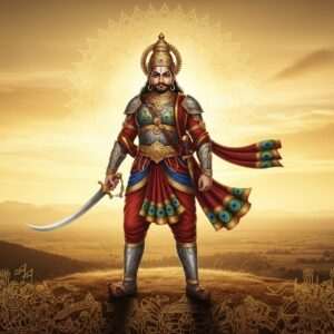 A regal Indian warrior, Bappa Rawal, depicted with majestic armor adorned in intricate traditional patterns, standing proudly atop a hill with a breathtaking view of a vast, golden-hued landscape stretching out behind him. His eyes are fierce yet noble, reflecting wisdom and courage. The scene is bathed in warm, golden light with ethereal, glowing mandalas subtly woven into the sky, suggesting his spiritual strength. His stance is commanding, holding a gleaming sword that catches the light, symbolizing valor and legacy. Surrounding him are faintly visible, historical battle scenes etched into the ground, reminiscent of ancient Pattachitra art. The color palette includes rich maroon, peacock blue, and gold, blending traditional and modern digital aesthetics to create a captivating and inspiring image.