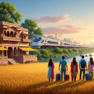 A serene landscape of Beas, Punjab with a modern twist: A digitally rendered hyperrealistic scene featuring a vibrant train speeding through the lush green fields under a sky painted in soft pastel hues of dawn. In the foreground, there's a traditional Indian village with intricately detailed Punjabi architecture, surrounded by golden wheat fields. The scene also includes a group of Indian travelers, wearing modern casual attire, standing at the edge of the field with their suitcases, looking towards the horizon. The backdrop is a mystical river flowing gently, reflecting the first light of day. The overall ambiance is calm and inviting, blending traditional Indian elements with a contemporary travel vibe, capturing the essence of exploration and adventure.