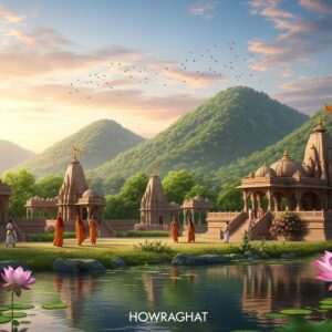 A serene, ethereal depiction of Howraghat's spiritual landscape, with a focus on tranquility and harmony. Imagine a panoramic view of lush green hills under a clear, pastel-hued sky, where soft golden sunlight filters through scattered clouds. In the foreground, a peaceful river reflects the gentle colors of dawn, with a few lotus flowers gracefully floating on its surface. Traditional Indian temples, with intricate carvings and gold accents, are nestled amidst the greenery, exuding an aura of sacredness and calm. A few Indian pilgrims in traditional attire are seen respectfully approaching the temples, creating a sense of devotion and mindfulness. The overall scene is hyperrealistic yet surreal, emphasizing spiritual exploration and inner peace, perfectly blending cultural heritage with modern digital aesthetics.