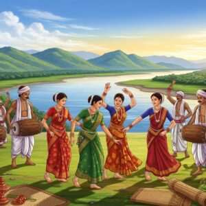 A picturesque scene of Howraghat, Assam, showcasing a vibrant cultural festival. In the foreground, traditionally dressed Indian men and women in Assamese attire, adorned with intricate jewelry, participate in a lively Bihu dance. Their expressions reflect joy and celebration. In the background, a serene landscape featuring lush green hills and the Brahmaputra River under a clear blue sky. The scene is illuminated by warm, golden light, highlighting the rich colors of the attire and the natural beauty of the surroundings. Elements of Assamese culture like traditional musical instruments and bamboo crafts are subtly incorporated. The art style is a fusion of traditional Indian and modern digital aesthetics, capturing the essence of Howraghat as Assam's cultural heart.