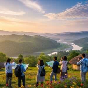 A serene, hyperrealistic scene of Howraghat's lush green landscapes in 2026, featuring rolling hills and a tranquil river reflecting a soft golden sunrise. In the foreground, a group of Indian travelers dressed in modern, casual attire are gathered, looking out over the breathtaking view. They hold maps and cameras, capturing the moment. Surrounding them are colorful wildflowers and traditional Assamese huts with intricate bamboo weaving. The sky is a blend of pastel hues with soft, glowing light filtering through the clouds, creating a dreamy atmosphere. The overall composition evokes a sense of adventure, discovery, and cultural richness, inviting readers to explore the beauty and tranquility of Howraghat and its surroundings.