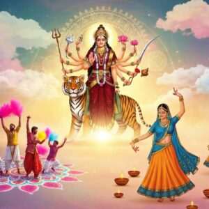 An ethereal and vibrant digital artwork depicting the essence of Indian festivals: In the center, a serene goddess figure representing Durga, with ten arms holding traditional weapons like a trident, sword, and lotus, stands majestically on a tiger. She is adorned in rich maroon and gold attire, surrounded by glowing mandalas. To her left, a joyous scene of Holi with Indian men and women in traditional attire, playfully throwing bright powders of pink, blue, and yellow amidst a backdrop of colorful rangoli patterns. To the right, a serene depiction of Navratri with Indian women gracefully dancing Garba in elegant saffron and peacock blue lehengas, surrounded by diyas and intricate cultural motifs. The background features a surreal blend of pastel-colored clouds and a warm golden glow, embodying the spirit of celebration and harmony. The art style is a fusion of traditional and modern digital aesthetics, capturing the rich cultural heritage and festive spirit of India.