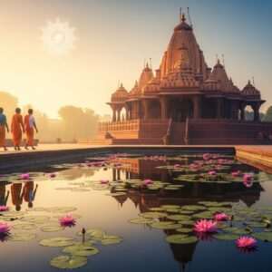 A serene, ethereal scene of a majestic Brahma temple in India, bathed in the soft glow of the early morning sun. The temple's intricate carvings and towering spires are highlighted with rich, deep colors like saffron and maroon. In the foreground, a tranquil pond reflects the temple's grandeur, surrounded by lotus flowers in full bloom. Subtle spiritual symbols, like a glowing mandala, appear in the sky, adding a surreal touch. Indian pilgrims, dressed in traditional attire, are seen in the background, their hands folded in reverence. The overall atmosphere is one of divine serenity and historical reverence, with an emphasis on tranquility and mindfulness. The art style is a harmonious blend of traditional Indian art forms with modern digital aesthetics, capturing both heritage and innovation.
