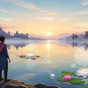 A serene, ethereal depiction of the Jhelum River at dawn, with its tranquil waters reflecting the soft pastel hues of the morning sky—pale pink, warm gold, and soft blue. In the foreground, an Indian traveler dressed in a modern yet traditional fusion outfit gazes thoughtfully at the river, embodying a sense of peaceful contemplation. The scene includes glowing mandalas subtly floating above the water and lotus flowers gently drifting along the river's surface. In the distance, the silhouette of ancient temples and sacred sites can be seen, shrouded in a delicate mist that adds to the mystical aura. The overall atmosphere is one of tranquility, spiritual awakening, and the timeless allure of a journey along this sacred river. The art style merges traditional Indian motifs with contemporary digital aesthetics, inviting readers to explore the spiritual journey along the Jhelum River.
