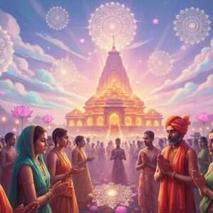 A vibrant and ethereal depiction of Joranda Gadi Mela 2026, capturing the spiritual essence of the festival. The scene features a gathering of Indian devotees dressed in colorful traditional attire, their faces serene and reflective, participating in a spiritual ceremony at dusk. In the background, the majestic Joranda temple is illuminated with warm golden lights, surrounded by swirling pastel-hued clouds. Intricate patterns of glowing mandalas and lotus flowers float in the air, symbolizing peace and devotion. The lighting is soft yet radiant, casting a gentle glow over the scene, creating a tranquil and inviting atmosphere. The art style should be hyperrealistic with a surreal touch, blending traditional Indian motifs with modern digital aesthetics. The overall tone is peaceful, spiritual, and inviting.