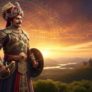 A regal Indian warrior, Bappa Rawal, dressed in intricate traditional armor with a majestic turban adorned with precious gems. He stands proudly on a lush, green hilltop overlooking an ancient, serene landscape. Behind him, a vibrant sunset bathes the scene in hues of saffron and maroon, casting a warm glow. The sky is filled with intricate patterns reminiscent of Madhubani art, with motifs of lotus flowers and mandalas subtly integrated. In the distance, the silhouette of a grand fort suggests the legacy and origin of his dynasty. The scene is hyperrealistic with a serene and ethereal quality, blending traditional heritage with modern digital aesthetics.