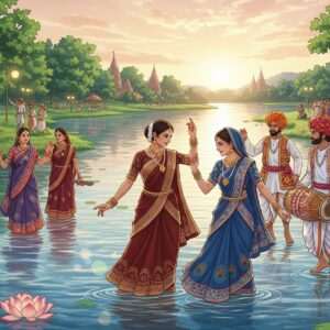 A serene riverside scene depicting the Kanhar River with lush, vibrant greenery. In the foreground, a group of Indian villagers, dressed in colorful traditional attire, engage in cultural activities like folk dance and pottery. The women wear sarees with rich maroon and peacock blue hues, adorned with gold jewelry, while the men sport dhotis and turbans. Intricate patterns and motifs inspired by Madhubani and Pattachitra art subtly embellish their clothing. The atmosphere is lively yet peaceful, with ethereal, soft pastel lights illuminating the scene. Large lotus flowers float on the water's surface, and distant temple spires can be seen against a golden-hued sunset. The overall mood is harmonious, capturing the essence of thriving traditions in Jharkhand and Chhattisgarh.