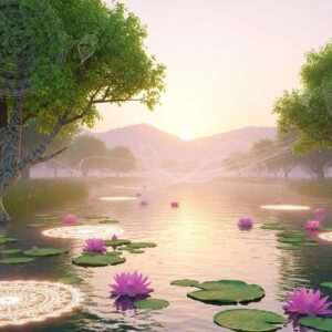 A serene, ethereal landscape of Sonbhadra's hidden sanctuaries, nestled along the Kanhar River. The scene is enveloped in soft, glowing pastel hues of pale pink and warm gold, capturing the tranquil essence of dawn. Towering, lush green trees with intricate patterns reminiscent of Madhubani art frame the scene. In the foreground, a calm water surface reflects the delicate outlines of blooming lotus flowers and glowing mandalas floating gently. A faint, surreal mist adds an element of mystery, while distant hills blend seamlessly into the sky. The overall atmosphere is peaceful and inviting, encouraging exploration and reflection. The art style is hyperrealistic with a touch of modern digital aesthetics, blending tradition with innovation.