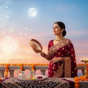 An elegant Indian woman, dressed in a richly embroidered maroon and gold saree, stands on a balcony adorned with vibrant marigold flowers and traditional earthen lamps. She holds a decorated sieve in one hand, gazing up at the ethereal full moon against a serene, pastel-hued sky. The scene is illuminated by the soft glow of moonlight reflecting off a shimmering silver thali filled with puja items like a diya, sindoor, and sweets, placed delicately on an intricately patterned cloth. Her expression is a blend of devotion and anticipation, capturing the essence of Karwa Chauth. The background features a subtle digital fusion of Madhubani and modern aesthetics, with stylized lotus motifs and a glowing mandala, creating an atmosphere of spirituality and tradition in a contemporary setting.