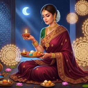 A serene and ethereal scene depicting an Indian woman in a vibrant maroon saree, adorned with intricate gold jewelry and traditional mehndi designs on her hands, sitting gracefully in a traditional pooja setting. She is holding a beautifully decorated thali with a diya and sweets, under the soft glow of moonlight filtering through a carved jaali window. Surrounding her are glowing mandalas and gentle lotus blossoms, reflecting the spirit of Karwa Chauth. The background features a faint silhouette of a peacock blue sky with twinkling stars, embodying a tranquil and spiritual atmosphere. The art style is hyperrealistic, merging traditional Indian aesthetics with modern digital art elements, capturing the essence of devotion and cultural richness.