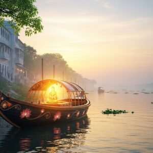 A serene, ethereal depiction of the Hooghly River at sunrise, with soft pastel hues of pale pink, warm gold, and gentle blue reflecting on the water's surface. In the foreground, an intricately detailed traditional Indian boat gently floats, adorned with delicate lotus flowers and subtle glowing mandalas. Along the riverbank, lush green foliage frames the scene, with hints of traditional Kolkata architecture in the background, merging seamlessly into the landscape. A golden aura envelops the scene, imbuing it with a sense of spiritual tranquility and timelessness. The atmosphere is calm and inviting, capturing the spiritual essence and cultural lifeline of Kolkata. The art style is hyperrealistic with a modern digital aesthetic that echoes traditional Indian art forms.