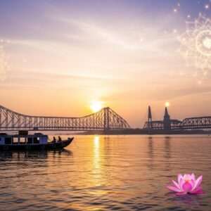 A serene scene of the Hooghly River at twilight, with the iconic Howrah Bridge and Vidyasagar Setu in the background, both beautifully illuminated with soft, golden lights. The water reflects the shimmering lights, creating an ethereal glow. In the foreground, a traditional Indian boat gently glides along the river, its silhouette enhanced by the setting sun. The sky is painted in pastel hues of pink, purple, and warm gold, adding to the spiritual ambiance. Lotus flowers float peacefully on the river's surface, and subtle, glowing mandalas appear in the sky, symbolizing harmony and faith. The art style is hyperrealistic with a surreal touch, emphasizing the tranquility and spiritual significance of these landmarks.