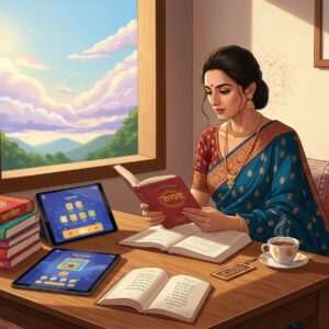An Indian woman sitting gracefully in a serene, modern home setting, surrounded by an array of colorful Marathi books and digital tablets displaying language learning apps. She wears a stylish yet traditional saree in shades of peacock blue and maroon, adorned with delicate gold jewelry. The room is softly illuminated with warm golden light, casting gentle shadows that highlight intricate cultural motifs on the walls, like lotus flowers and subtle mandalas. A sense of tranquility and focus pervades the scene, with a window showing a dreamy landscape of pastel-colored clouds and distant hills. The overall composition merges traditional aesthetics with a contemporary digital learning environment, inviting readers to embark on their own language journey.