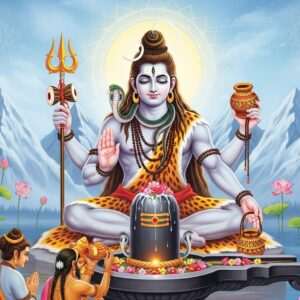 A serene, ethereal depiction of Lord Shiva seated in deep meditation on a Himalayan peak, surrounded by a soft, glowing aura. He is adorned with serpents, the crescent moon on his matted locks, and the river Ganga flowing from his hair. In his four hands, he holds a trident, damaru (drum), rudraksha mala, and a pot of holy water. A large, luminous Shiva lingam is in the foreground, with devotees performing Rudrabhishek Pooja using sacred offerings like milk, honey, and flowers. The scene is bathed in pastel hues of soft blue and pale pink, with glowing mandalas and lotus flowers embellishing the background. The atmosphere exudes tranquility and spirituality, blending traditional Indian art forms with modern digital aesthetics.