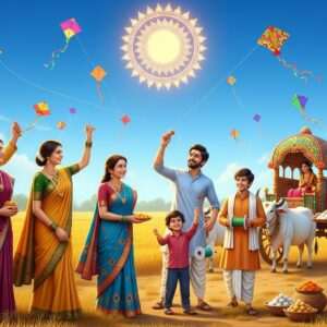A vibrant, hyperrealistic depiction of an Indian family celebrating Makar Sankranti. They are dressed in traditional attire, with women in colorful sarees (maroon, saffron, peacock blue) and men in kurta-pajamas. The scene is set outdoors under a clear blue sky, with colorful kites soaring high. The family is joyfully participating in the festivities, with a young boy holding a spool of kite string and an elderly woman offering til-gud sweets. A glowing mandala sun is subtly visible in the sky, casting a warm, golden light over the scene. In the background, fields of ripe crops and a decorated oxen cart symbolize prosperity. The art style is a blend of traditional Indian motifs with digital aesthetics, highlighting the serenity and cultural richness of the festival.