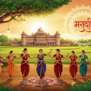 A serene landscape depicting an ethereal Marathi village setting with lush green fields and traditional Maharashtrian architecture, like a Wada, in the background. The scene is alive with cultural motifs, featuring a vibrant celebration of Marathi Language Day. Traditional Marathi women in colorful nauvari sarees (saffron, maroon, peacock blue) are seen engaged in a joyful dance, their movements graceful and synchronized. Intricate patterns of rangoli adorn the ground, and soft glowing lights hang from the trees, creating a festive atmosphere. A large, glowing mandala with Marathi script subtly incorporated forms the backdrop, symbolizing the language's rich heritage. The scene is bathed in warm golden sunlight, highlighting the intricate details and emphasizing the celebration's spiritual significance. The art style is a fusion of traditional Maharashtrian elements with modern digital aesthetics, ensuring a captivating and culturally respectful depiction.