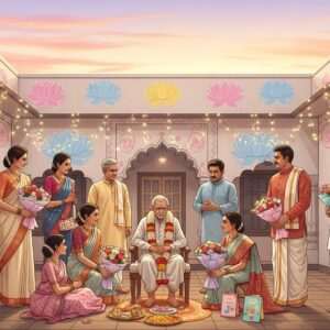 A serene and ethereal depiction of a traditional Marathi celebration scene, featuring an elegantly dressed Indian family gathered in a beautifully decorated courtyard. The scene is adorned with soft glowing lights and pastel color palettes of warm gold and pale pink, creating an inviting and harmonious atmosphere. In the center, an elder is being honored with a garland, symbolizing retirement, while children present colorful handmade cards and flowers, celebrating both birthdays and life milestones. The background features intricate patterns of traditional motifs like mandalas and lotus flowers, all set against a backdrop of serene, pastel-colored skies. The characters are adorned in modern yet traditional Marathi attire, blending heritage with contemporary aesthetics, capturing the essence of joy and togetherness. The overall tone is tranquil and spiritually uplifting, emphasizing the beauty of life's journey.