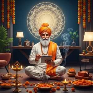 An elegant Indian pandit in traditional attire, seated in a serene, modern setting with a digital tablet in hand, symbolizing the fusion of tradition and technology. He is surrounded by a harmonious blend of traditional puja items like diya lamps, incense sticks, and marigold flowers, with a backdrop of a softly glowing mandala and subtle, warm light. The setting features contemporary elements like sleek furniture and a minimalist design, reflecting modern devotion. The color palette is rich with deep saffron, gold, and peacock blue tones, evoking a sense of spirituality and peace. The pandit appears approachable and serene, embodying the essence of seamless and modern spiritual practices. The art style should be hyperrealistic with ethereal elements, capturing the balance between heritage and innovation.