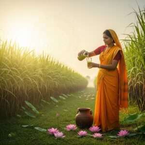 A serene Indian village scene with a traditional sugarcane field glowing under a soft, golden sunrise. In the foreground, an Indian woman in a saffron saree, symbolizing purity and wellness, is gracefully pouring fresh sugarcane juice into a glass. The woman is surrounded by lush green sugarcane plants, and there is a gentle, ethereal glow around her, emphasizing the healing and natural aspect of the scene. Delicate lotus flowers are scattered around, and a subtle mandala pattern emerges in the background sky, reinforcing the spiritual connection. The image has a hyper-realistic style with intricate detailing on the plants and traditional attire, providing a peaceful yet vibrant visual experience that conveys health, tradition, and serenity.