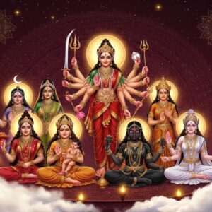 A breathtaking depiction of the nine forms of Devi, each portrayed with divine grace and distinct attributes. The central figure, Devi Durga, stands majestically with ten arms, holding a trident, sword, conch, lotus, and other symbolic weapons. Surrounding her are the other eight forms, each radiating unique colors and energies: Shailaputri with a crescent moon on her forehead, Brahmacharini with a serene expression, Chandraghanta with a bell-shaped crown, Kushmanda glowing with warmth, Skandamata cradling her child, Katyayani fierce and powerful, Kalaratri dark and intense, and Mahagauri pristine and luminous. The background is a harmonious blend of deep maroon and gold hues with intricate traditional patterns like mandalas and lotus motifs. The scene is illuminated by soft glowing lights that enhance the ethereal and spiritual atmosphere, set against a backdrop of gentle clouds and twinkling stars, creating an aura of tranquility and reverence. The art style is hyperrealistic with a modern digital twist, making it both captivating and deeply spiritual.