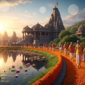 A breathtaking scene of the ancient town of Nevasa in Maharashtra, bathed in the soft glow of the early morning sun. In the foreground, a tranquil river reflects the warm, golden light, with lotus flowers gently floating on its surface. Majestic temples with intricate carvings rise in the background, surrounded by lush greenery. A group of Indian pilgrims in traditional attire (saffron and white dhotis) walk along a path lined with vibrant marigold garlands, their serene expressions reflecting devotion. Above them, a surreal sky with pastel-colored clouds and glowing mandalas creates an ethereal ambiance. The art style is hyperrealistic with a modern digital touch, capturing both the spiritual essence and contemporary allure of Nevasa.