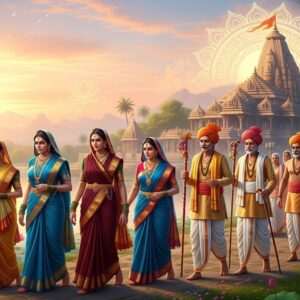 A breathtaking depiction of Nevasa's vibrant culture and yatras, featuring a serene Indian landscape at dawn. In the foreground, a group of elegantly dressed Indian pilgrims of diverse ages is depicted in traditional attire, walking along a peaceful riverbank. The women wear vibrant sarees in saffron, maroon, and peacock blue, adorned with intricate gold jewelry. The men are in traditional dhotis and turbans, carrying beautifully decorated wooden walking sticks. In the background, a majestic temple with intricate carvings rises amidst lush greenery and lotus-filled ponds. The sky is painted in soft pastels of pink and gold, with a glowing mandala sun casting a gentle, ethereal light over the scene. Stylized peacock feathers and lotus flowers are subtly integrated into the composition, emphasizing cultural motifs. The image exudes a sense of spiritual journey, tradition, and tranquility, captured in a hyperrealistic yet dreamlike style that merges heritage with modern digital aesthetics.