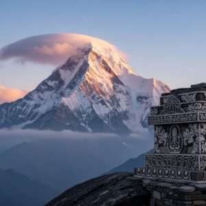 A breathtaking scene of Pahunri Peak, majestically rising amidst the vast Himalayan landscape of Sikkim. The peak is bathed in a serene, ethereal glow of the early morning light, with hues of soft blue, pale pink, and warm gold illuminating the snow-capped summit. In the foreground, traditional Indian motifs and intricate patterns subtly blend into the natural surroundings, adding a touch of cultural significance. The sky is filled with wisps of pastel-colored clouds, enhancing the surreal and spiritual atmosphere. The image captures the essence of tranquility and awe, drawing viewers into the mystical allure of this sacred Himalayan jewel. The art style combines hyperrealism with a dreamlike quality, ensuring an innovative yet respectful depiction of this revered site.