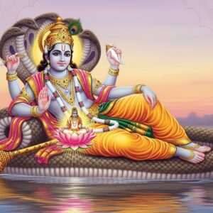 A serene, ethereal depiction of Lord Vishnu in Anantashayana posture, reclining majestically on the cosmic serpent Ananta, floating above calm, reflective waters. Vishnu, with a serene expression, has four arms: the upper right hand holding a conch (Shankha), the upper left holding a discus (Chakra), the lower right in a gesture of blessing (Abhaya Mudra), and the lower left resting gracefully. Adorned in golden jewelry and a rich saffron silk dhoti, Vishnu's form exudes divine tranquility. Above him, a glowing lotus flower with Brahma seated upon it emerges from his navel. The scene is set in a tranquil twilight environment with soft, pastel hues of pale pink and warm gold, with intricate patterns reminiscent of traditional Indian art subtly blended into the background. The overall tone is spiritual and inviting, encouraging readers to embark on their pilgrimage journey.