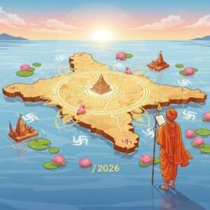 A serene, ethereal landscape showcasing the spiritual journey through Rajnandgaon in 2026. The scene features a beautifully intricate, golden mandala map spread across a tranquil water surface, softly glowing under a pastel sunrise sky. In the foreground, a traditional Indian pilgrim, draped in a flowing saffron robe, is gazing at the map with a sense of wonder and tranquility. Around the map, miniature depictions of famous temples and routes are intertwined with delicate lotus flowers and subtle Hindu spiritual symbols. The overall atmosphere is calm, harmonious, and spiritual, with a modern digital aesthetic that merges traditional Indian art with contemporary design elements. The colors are soft blues, pale pinks, and warm golds, creating a dreamlike quality that invites readers to embark on their pilgrimage journey.