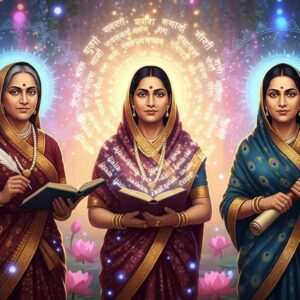 Three prominent Indian figures - Savitribai Phule, Pandita Ramabai, and Tarabai Shinde - depicted in a lush, ethereal landscape reminiscent of a serene garden. Each woman is adorned in intricate traditional attire with modern digital aesthetics, featuring deep colors such as maroon, gold, and peacock blue. The background showcases a fusion of traditional Indian motifs like mandalas and lotus flowers, subtly glowing with soft pastel lights. Savitribai holds a quill and book, symbolizing education; Ramabai is surrounded by glowing Sanskrit texts, representing enlightenment; Shinde is shown with a scroll, emphasizing her literary contributions. The scene radiates an aura of empowerment and enlightenment, with each woman's expression reflecting determination and wisdom, drawing viewers into their world.